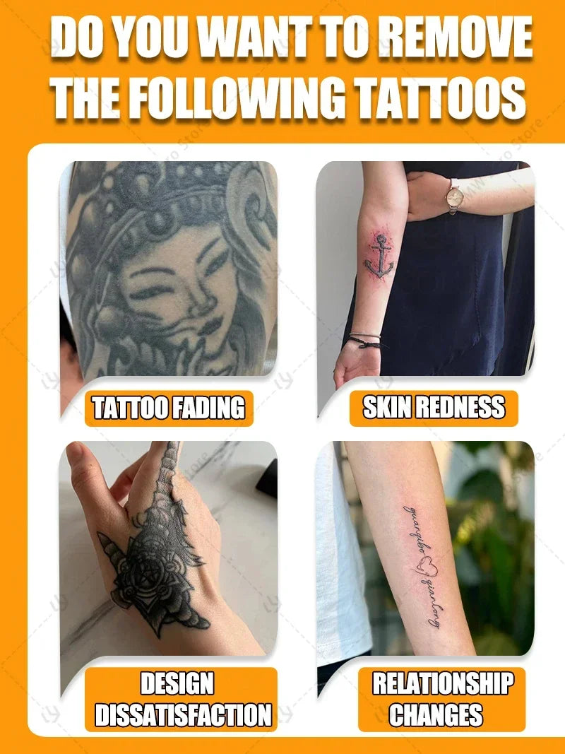 Instantly removes tattoos, disintegrates pigments, and repairs damaged skin without leaving scars
